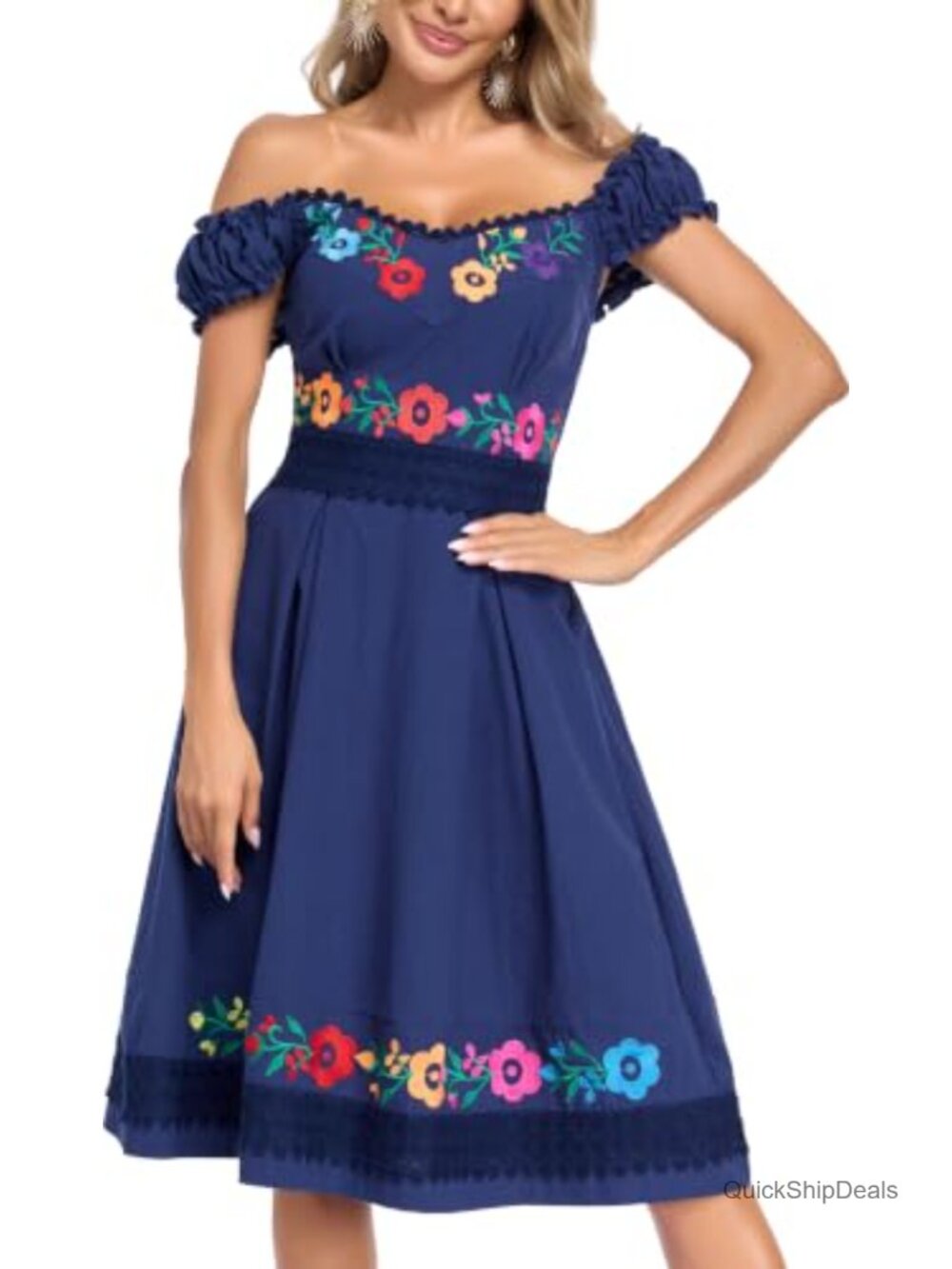 Embroidered Floral Boho Summer Dress Ruffle Sleeve Sweetheart Neck